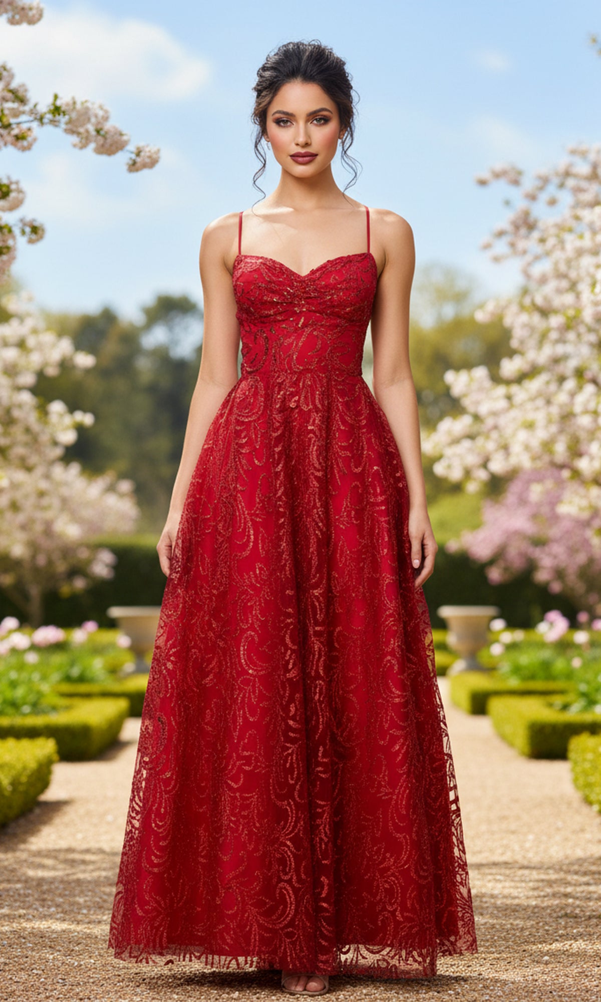 A woman stands outdoors on a garden path, wearing the Blondie Nites 6101BN long prom dress—an elegant, floor-length red lace A-line gown with thin straps. Blossoming trees and trimmed hedges are in the background.